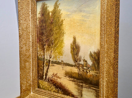 Antique Lakeside Painting Art, 19th Century Original Artwork, Windmills Oil Painting With Frame Artwork, Nature Artwork Home Decor