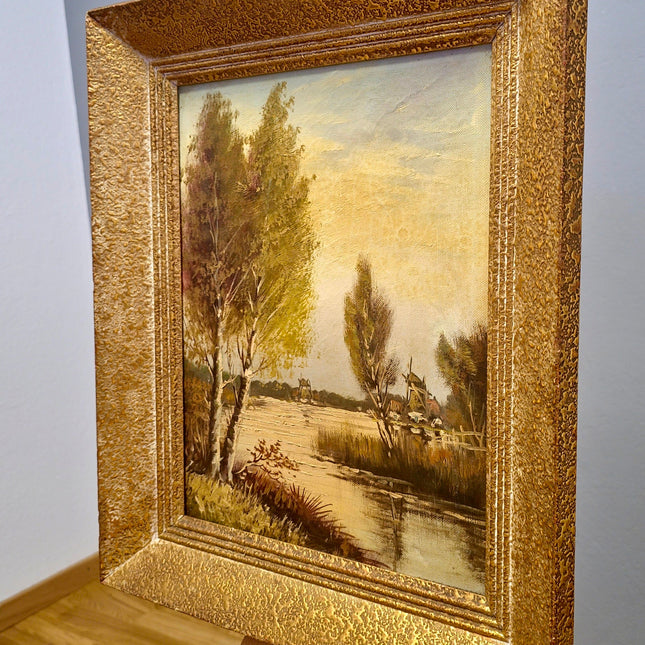 Antique Lakeside Painting Art, 19th Century Original Artwork, Windmills Oil Painting With Frame Artwork, Nature Artwork Home Decor