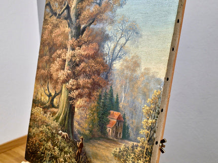 Antique French Oil Painting, Autumn Forest, Hunter and Dog, 19th Century