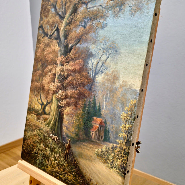 Antique French Oil Painting, Autumn Forest, Hunter and Dog, 19th Century