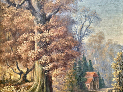 Antique French Oil Painting, Autumn Forest, Hunter and Dog, 19th Century
