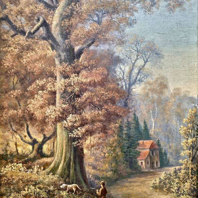 Antique French Oil Painting, Autumn Forest, Hunter and Dog, 19th Century
