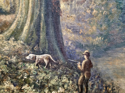 Antique French Oil Painting, Autumn Forest, Hunter and Dog, 19th Century
