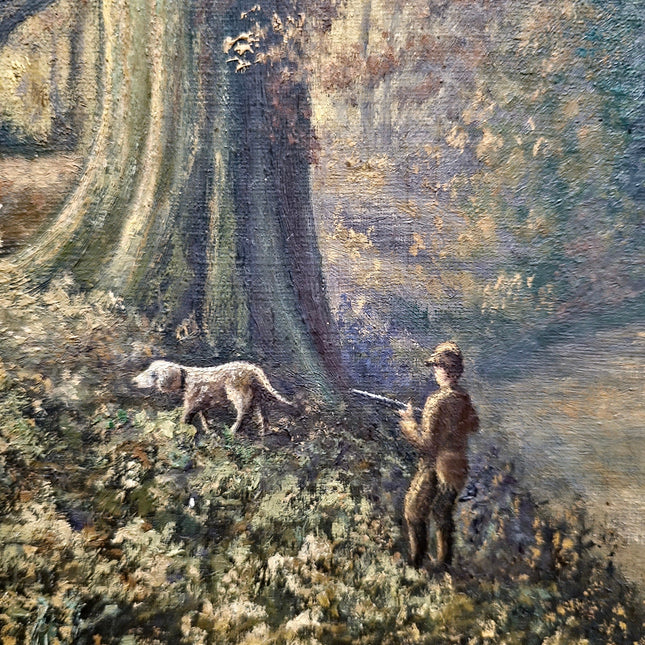 Antique French Oil Painting, Autumn Forest, Hunter and Dog, 19th Century