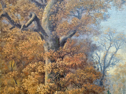 Antique French Oil Painting, Autumn Forest, Hunter and Dog, 19th Century