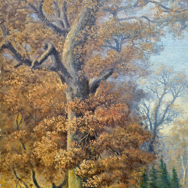Antique French Oil Painting, Autumn Forest, Hunter and Dog, 19th Century