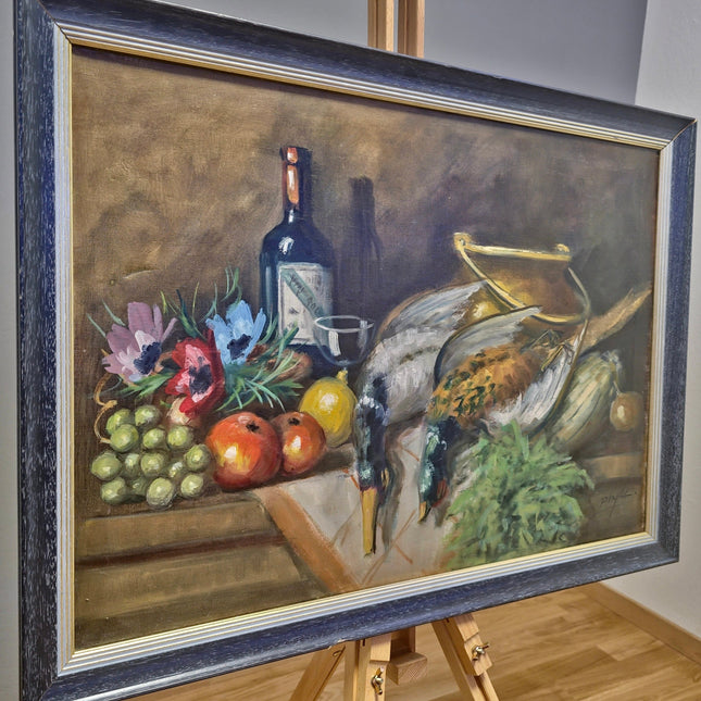 Fruit and Wine Painting, 1930s Vintage French Oil Painting, Game Bird Hunting Artwork, Framed Signed Oil Painting, French Country Decor