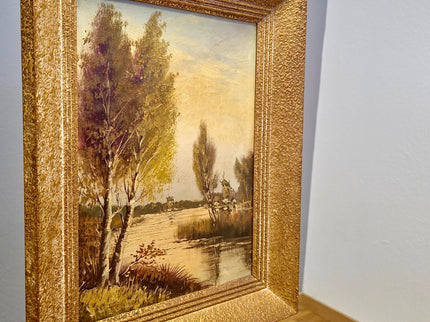 Antique Lakeside Painting Art, 19th Century Original Artwork, Windmills Oil Painting With Frame Artwork, Nature Artwork Home Decor
