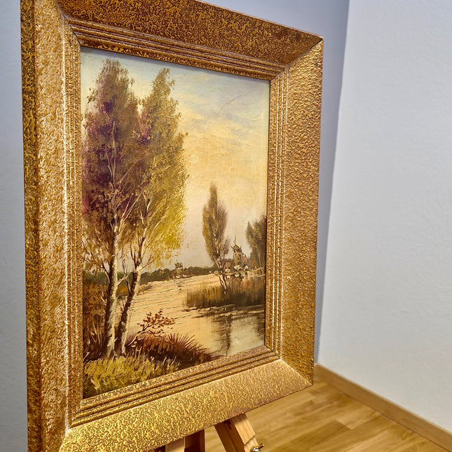 Antique Lakeside Painting Art, 19th Century Original Artwork, Windmills Oil Painting With Frame Artwork, Nature Artwork Home Decor