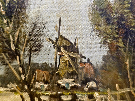 Antique Lakeside Painting Art, 19th Century Original Artwork, Windmills Oil Painting With Frame Artwork, Nature Artwork Home Decor