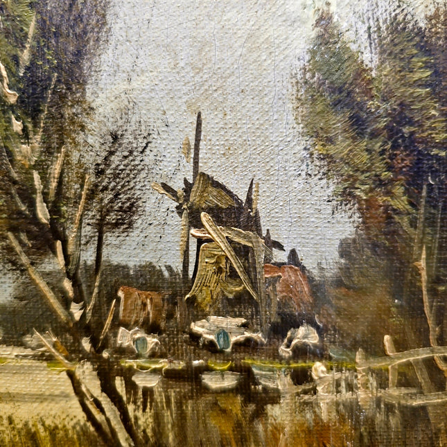 Antique Lakeside Painting Art, 19th Century Original Artwork, Windmills Oil Painting With Frame Artwork, Nature Artwork Home Decor