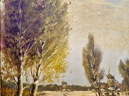 Antique Lakeside Painting Art, 19th Century Original Artwork, Windmills Oil Painting With Frame Artwork, Nature Artwork Home Decor