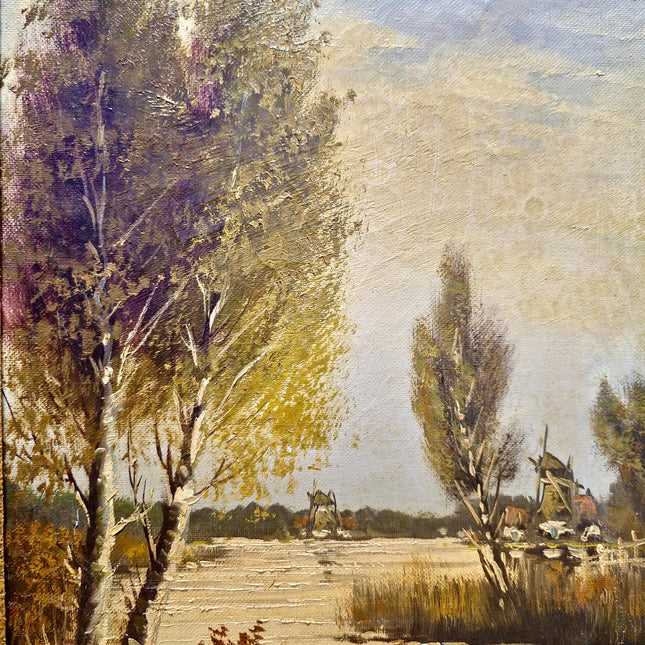 Antique Lakeside Painting Art, 19th Century Original Artwork, Windmills Oil Painting With Frame Artwork, Nature Artwork Home Decor