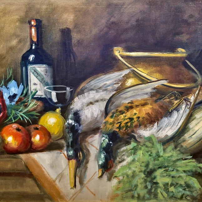 Fruit and Wine Painting, 1930s Vintage French Oil Painting, Game Bird Hunting Artwork, Framed Signed Oil Painting, French Country Decor