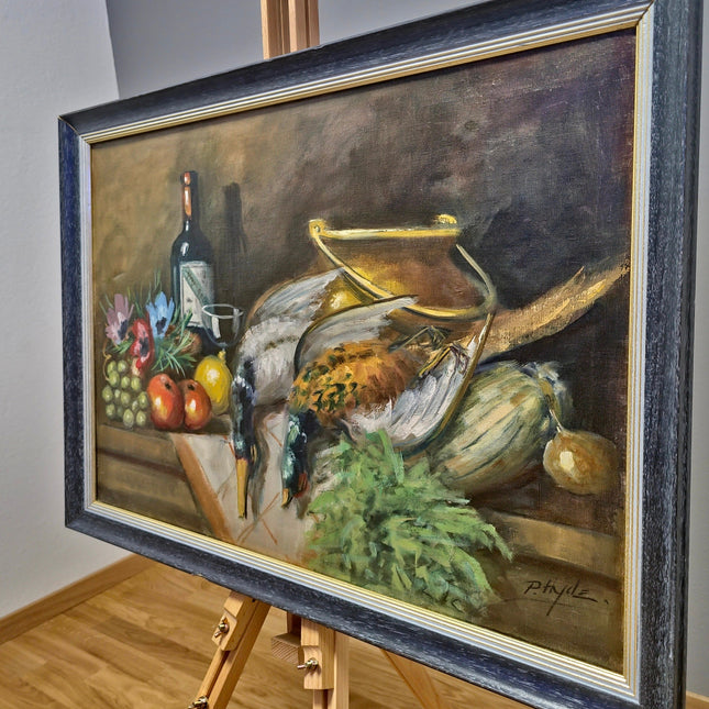 Fruit and Wine Painting, 1930s Vintage French Oil Painting, Game Bird Hunting Artwork, Framed Signed Oil Painting, French Country Decor