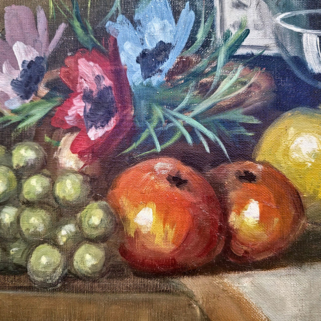 Fruit and Wine Painting, 1930s Vintage French Oil Painting, Game Bird Hunting Artwork, Framed Signed Oil Painting, French Country Decor