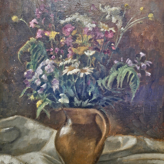 Antique Floral Oil Painting, Vintage Wildflower Bouquet Still Life, Framed Wall Decor