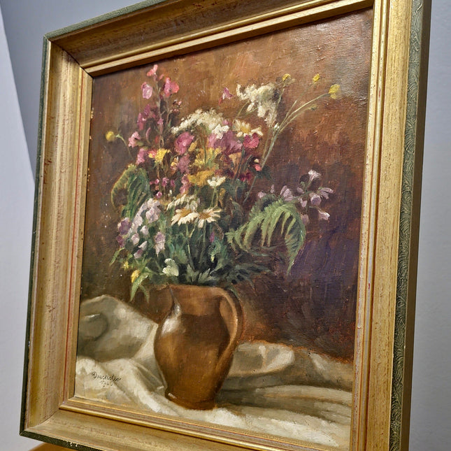 Antique Floral Oil Painting, Vintage Wildflower Bouquet Still Life, Framed Wall Decor
