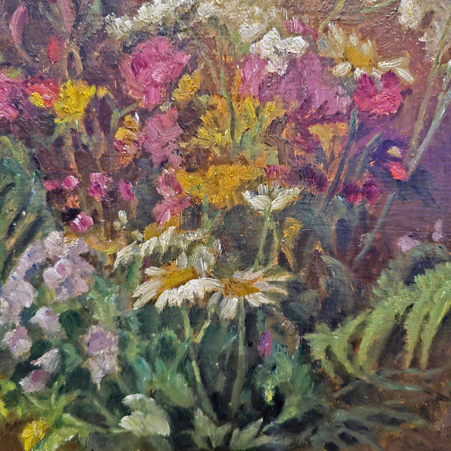 Antique Floral Oil Painting, Vintage Wildflower Bouquet Still Life, Framed Wall Decor