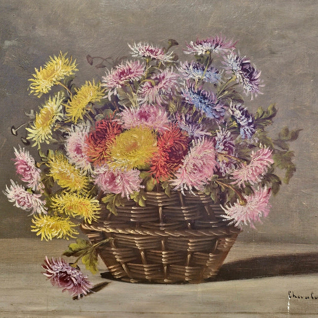 Antique French Floral Oil Painting, Signed Still Life with Asters, Rustic Basket Bouquet Art, Cottagecore Wall Decor, Framed Fine Art
