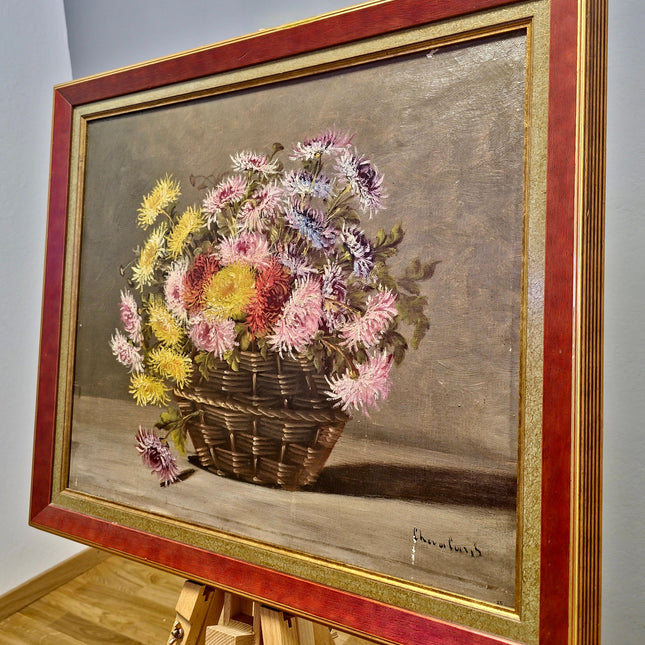 Antique French Floral Oil Painting, Signed Still Life with Asters, Rustic Basket Bouquet Art, Cottagecore Wall Decor, Framed Fine Art