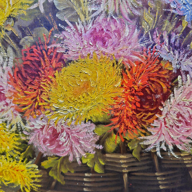 Antique French Floral Oil Painting, Signed Still Life with Asters, Rustic Basket Bouquet Art, Cottagecore Wall Decor, Framed Fine Art
