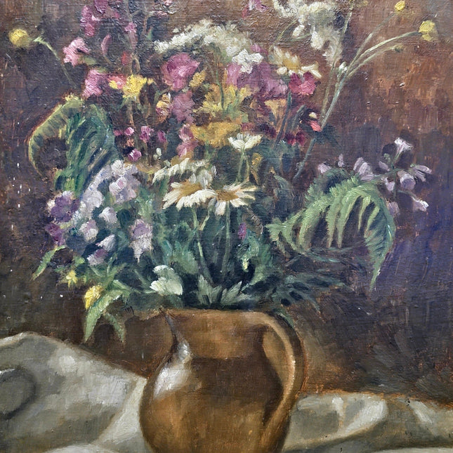Antique Floral Oil Painting, Vintage Wildflower Bouquet Still Life, Framed Wall Decor