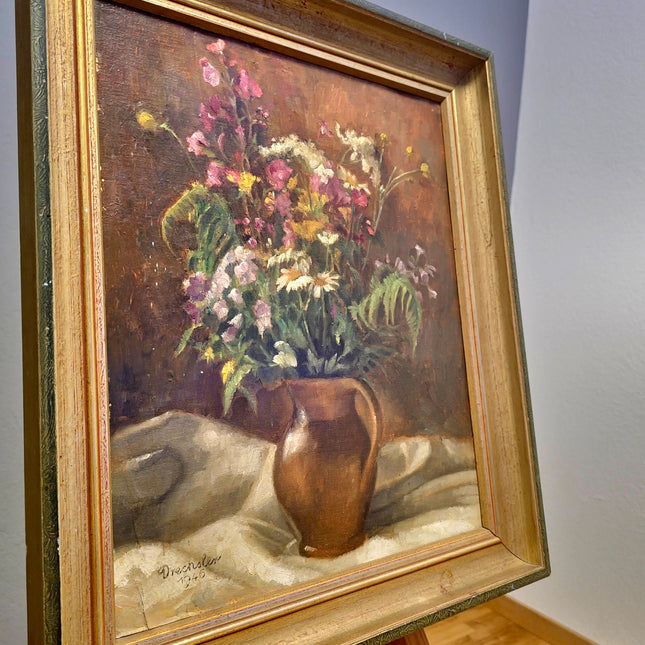 Antique Floral Oil Painting, Vintage Wildflower Bouquet Still Life, Framed Wall Decor