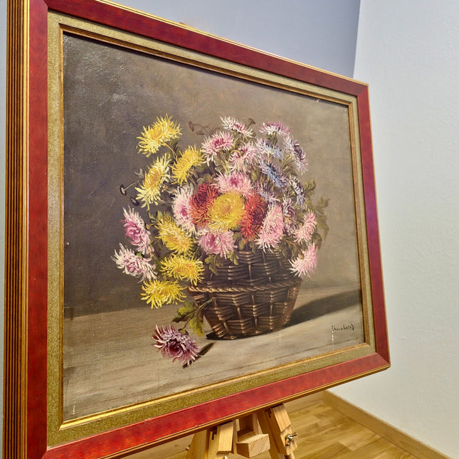 Antique French Floral Oil Painting, Signed Still Life with Asters, Rustic Basket Bouquet Art, Cottagecore Wall Decor, Framed Fine Art
