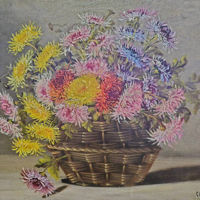 Antique French Floral Oil Painting, Signed Still Life with Asters, Rustic Basket Bouquet Art, Cottagecore Wall Decor, Framed Fine Art