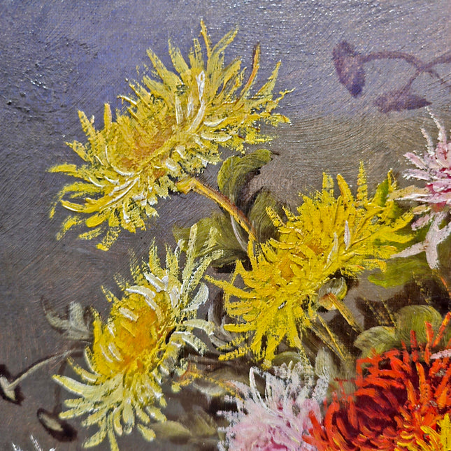 Antique French Floral Oil Painting, Signed Still Life with Asters, Rustic Basket Bouquet Art, Cottagecore Wall Decor, Framed Fine Art