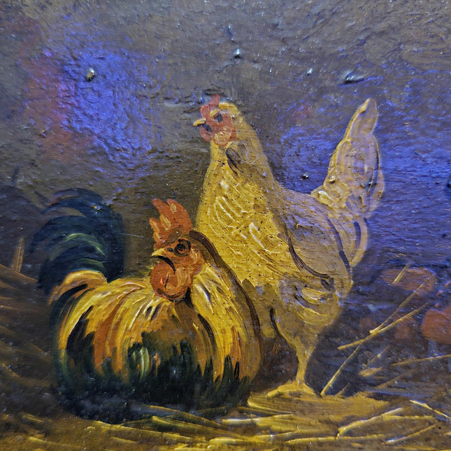 Antique Swiss Farmyard Oil Painting, Signed Chicken Animal Scene, Rustic Farmhouse Wall Decor, Cottagecore Art, Collectible Fine Piece