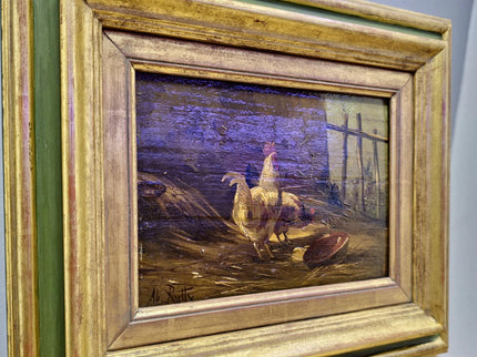 Antique Chicken Oil Painting, 19th Century Farm Scene, Framed Realism Wall Art, Rural Life Artwork, Rustic Home Decor, Housewarming Gift