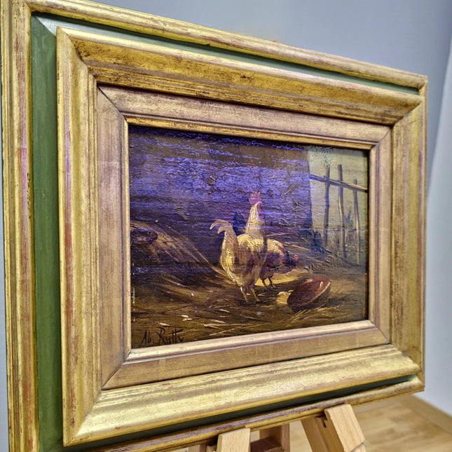 Antique Chicken Oil Painting, 19th Century Farm Scene, Framed Realism Wall Art, Rural Life Artwork, Rustic Home Decor, Housewarming Gift