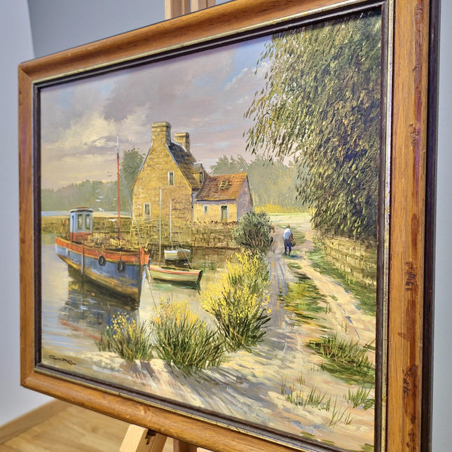 Vintage French Boats Painting, Original Oil Painting, Brittany Harbor Scene, Above Bed Decor, 1940s Nautical Artwork, Housewarming Art Gift