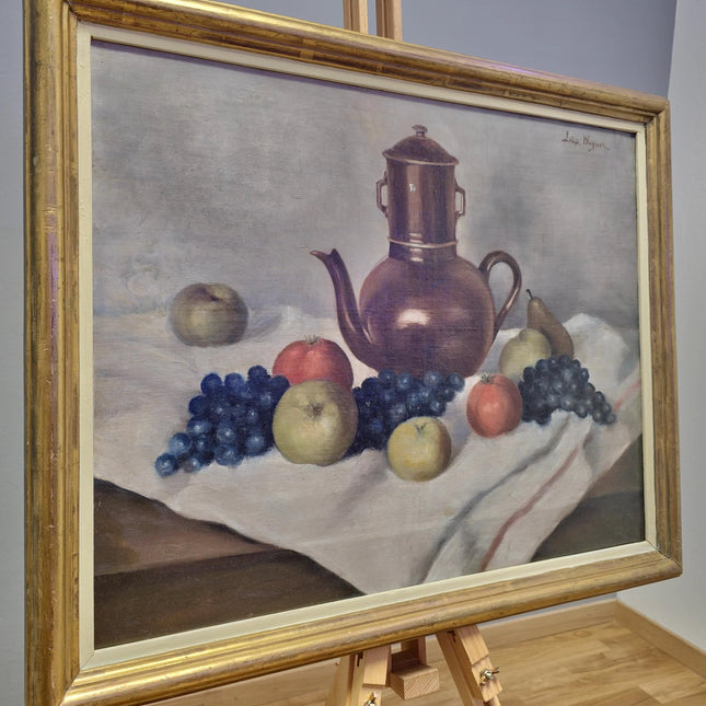 Vintage Fruit Still Life Oil Painting, Teapot and Fruits Scene, French Country Decor