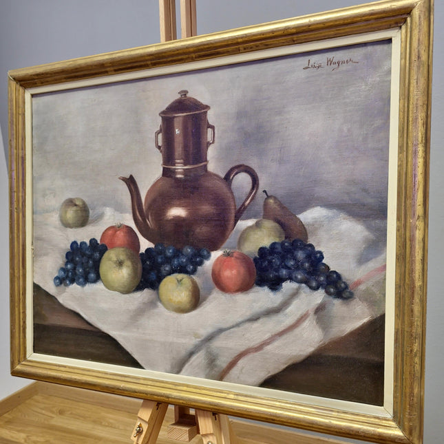 Vintage Fruit Still Life Oil Painting, Teapot and Fruits Scene, French Country Decor