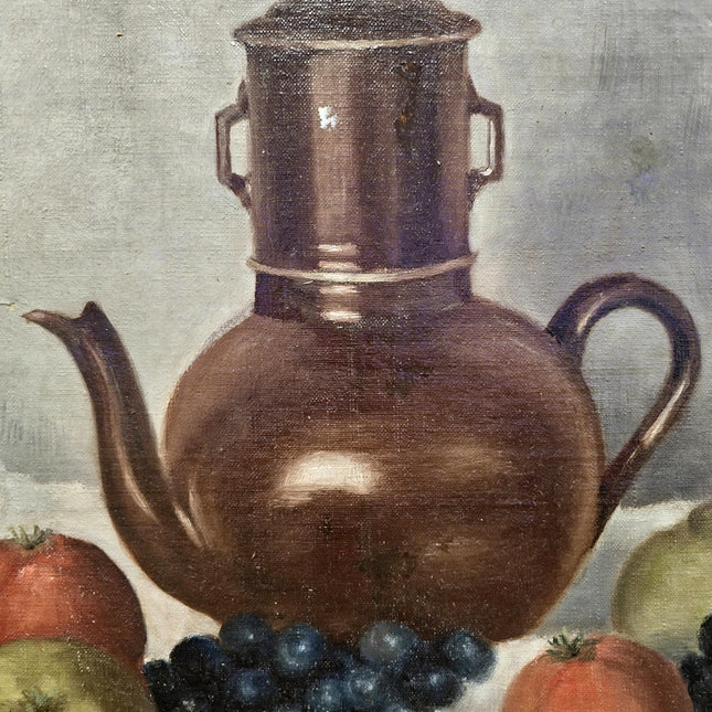 Vintage Fruit Still Life Oil Painting, Teapot and Fruits Scene, French Country Decor