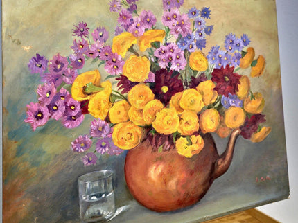 Vintage French Floral Oil Painting, Yellow & Purple Flowers, 1950s Signed Still Life