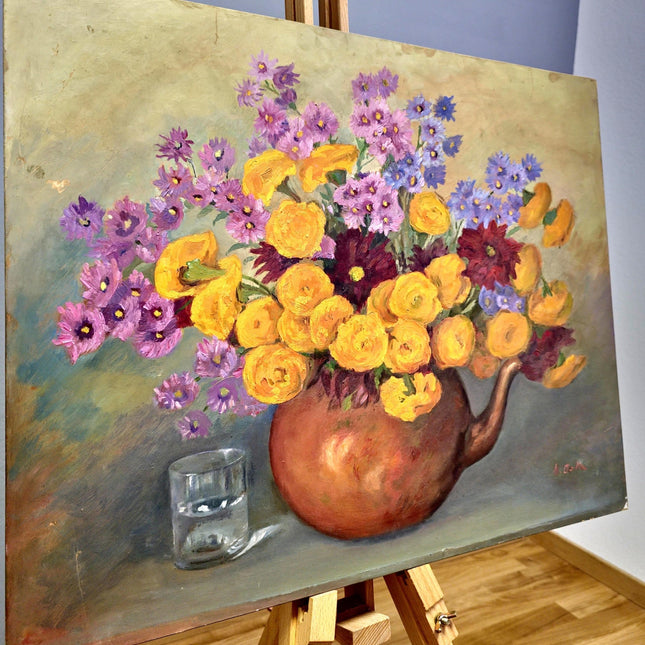 Vintage French Floral Oil Painting, Yellow & Purple Flowers, 1950s Signed Still Life