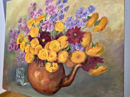 Vintage French Floral Oil Painting, Yellow & Purple Flowers, 1950s Signed Still Life