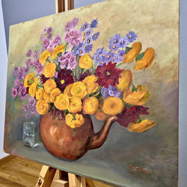 Vintage French Floral Oil Painting, Yellow & Purple Flowers, 1950s Signed Still Life
