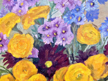 Vintage French Floral Oil Painting, Yellow & Purple Flowers, 1950s Signed Still Life