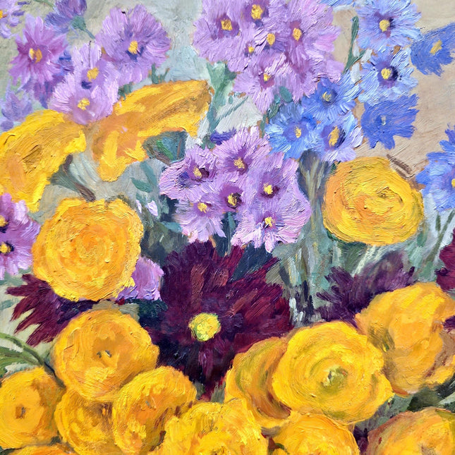 Vintage French Floral Oil Painting, Yellow & Purple Flowers, 1950s Signed Still Life