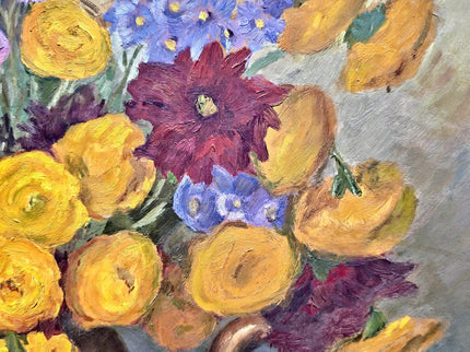 Vintage French Floral Oil Painting, Yellow & Purple Flowers, 1950s Signed Still Life
