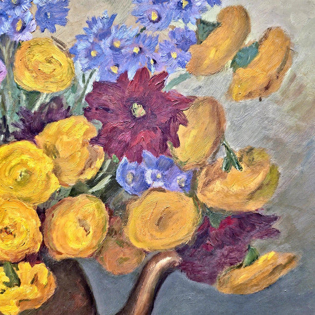 Vintage French Floral Oil Painting, Yellow & Purple Flowers, 1950s Signed Still Life