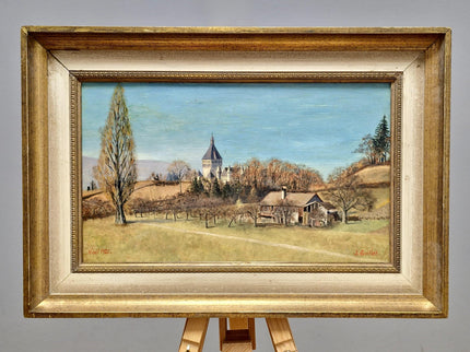Vintage Swiss Landscape Oil Painting, Framed Farmhouse Art, 1920s