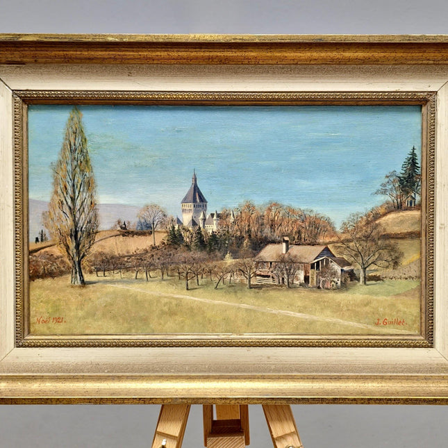 Vintage Swiss Landscape Oil Painting, Framed Farmhouse Art, 1920s