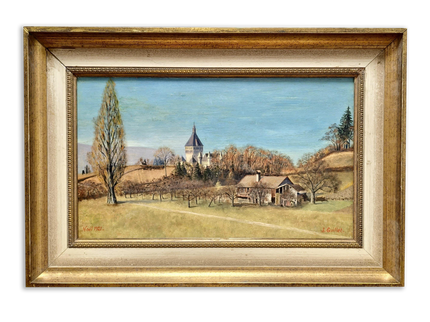 Vintage Swiss Landscape Oil Painting, Framed Farmhouse Art, 1920s