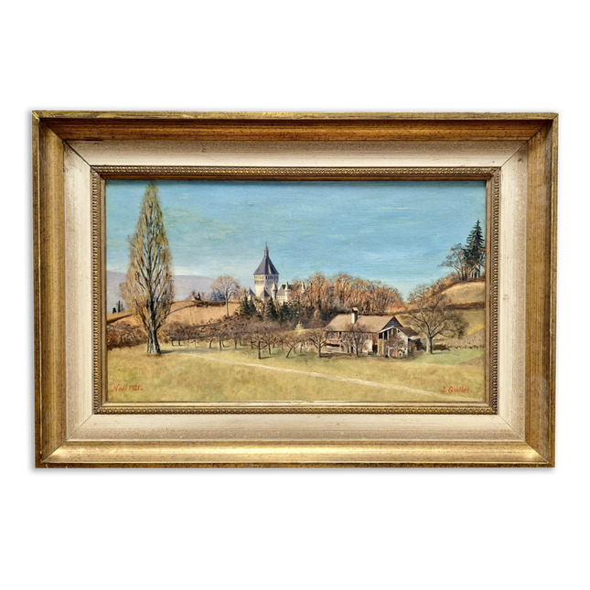 Vintage Swiss Landscape Oil Painting, Framed Farmhouse Art, 1920s